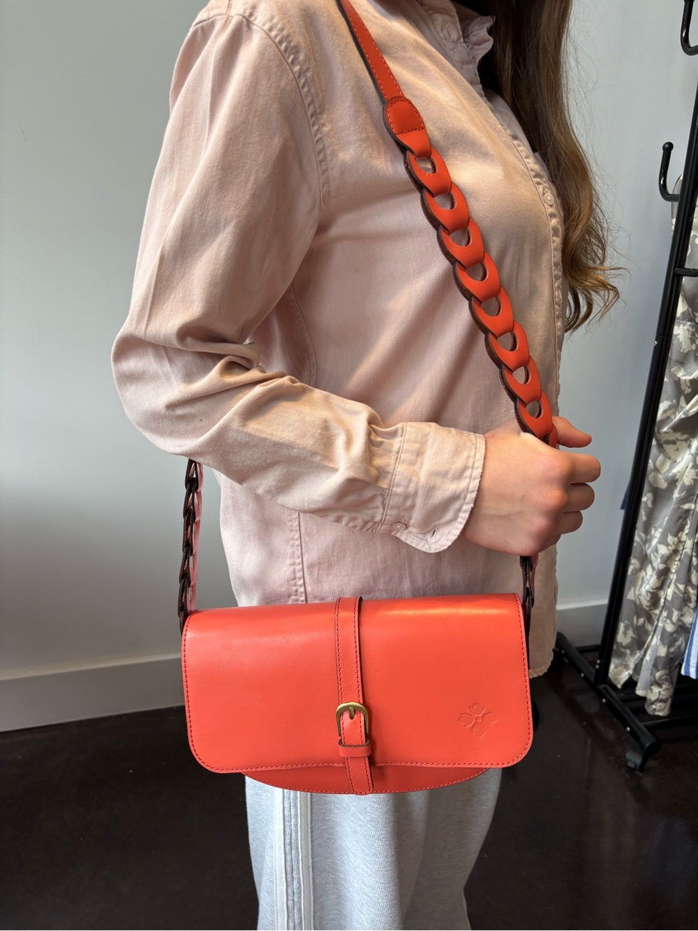 Patricia Nash Coral Orange Leather Crossbody Bag with Braided Strap